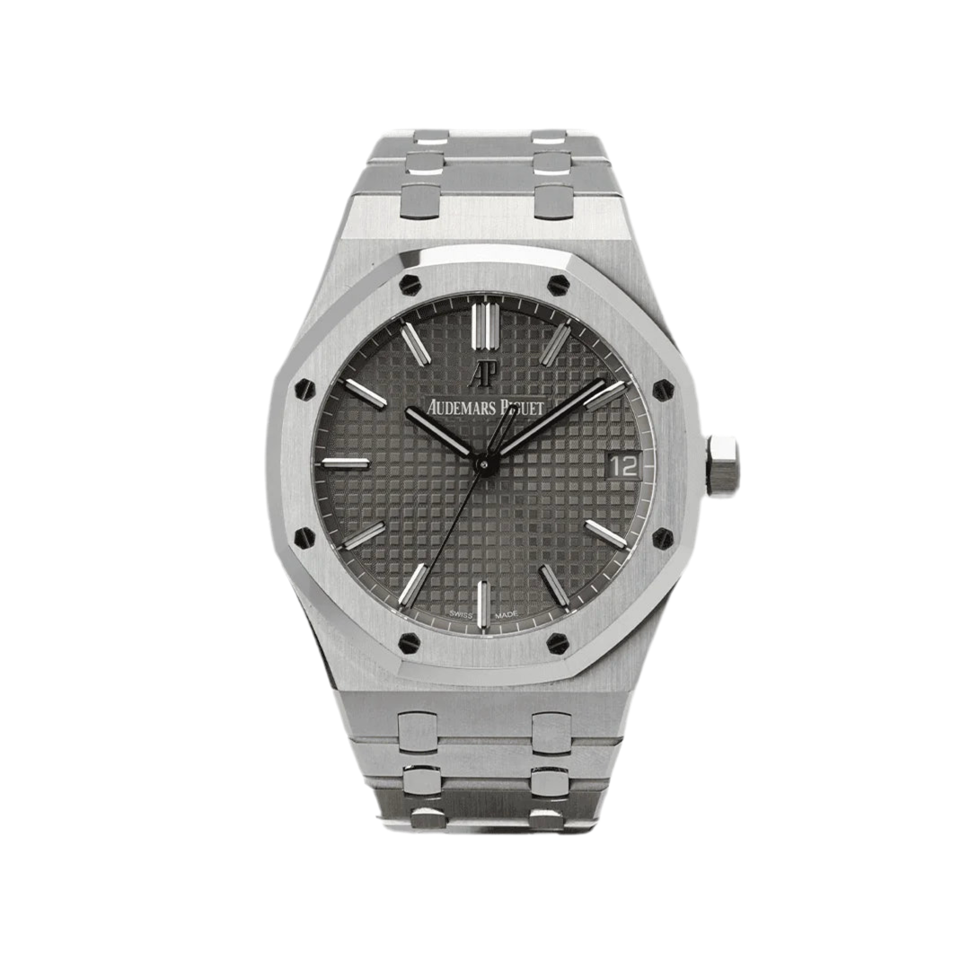 Audemars Piguet Royal Oak watch, specifically a 41mm model with a grey dial.