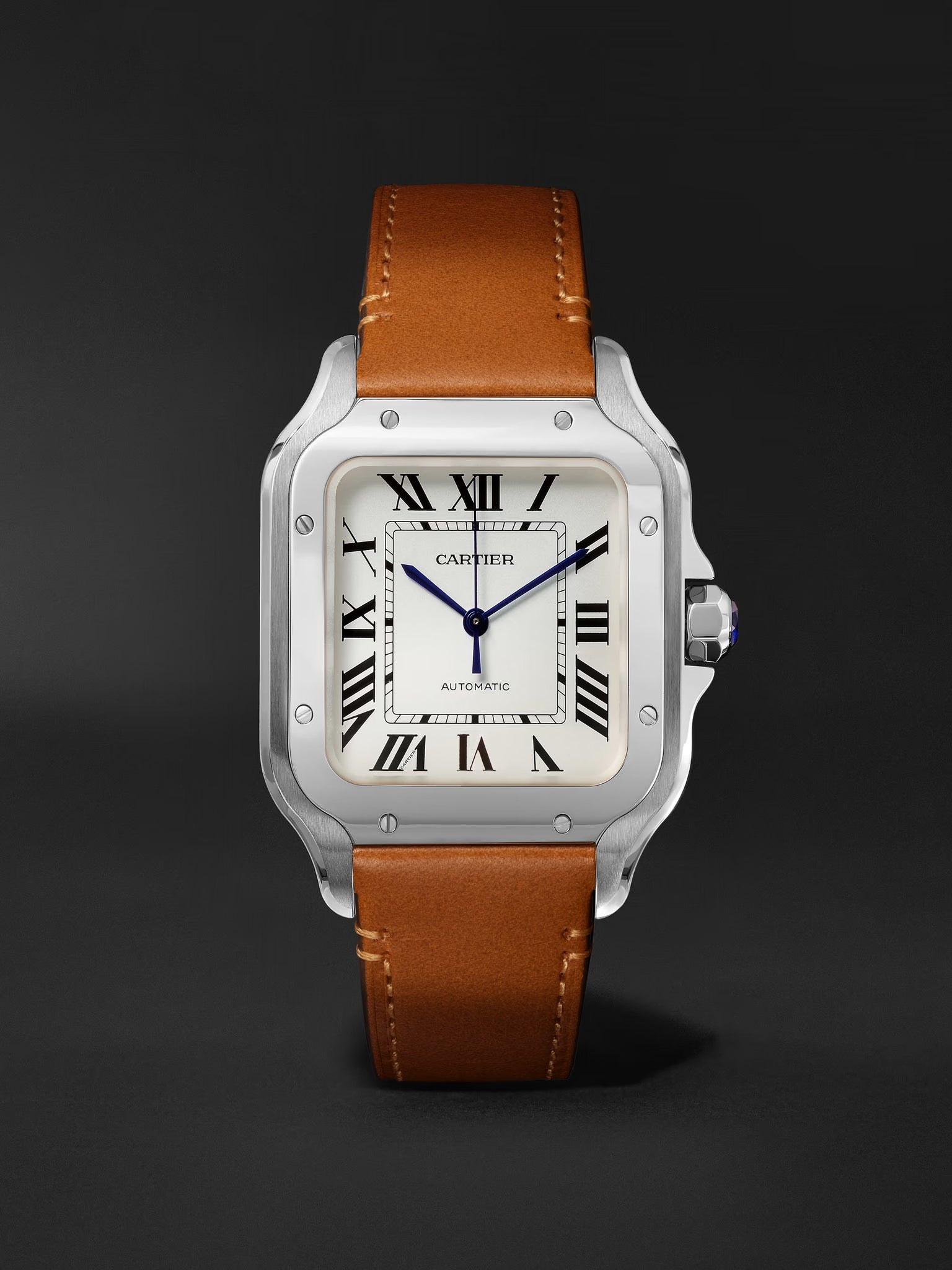 Cartier Santos de Cartier medium model watch with a steel case, silvered opaline dial, and a brown calfskin strap..