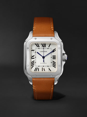 Cartier Santos de Cartier medium model watch with a steel case, silvered opaline dial, and a brown calfskin strap..