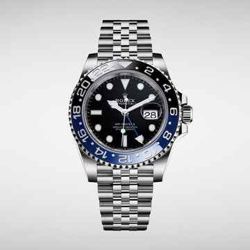 GMT-Master II, also known as the "Batgirl," which features a blue and black Cerachrom bezel and a Jubilee bracelet.