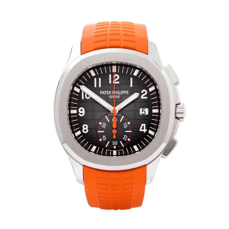 Aquanaut Chronograph Ref. 5968A-001 with a black embossed dial and an orange rubber strap.