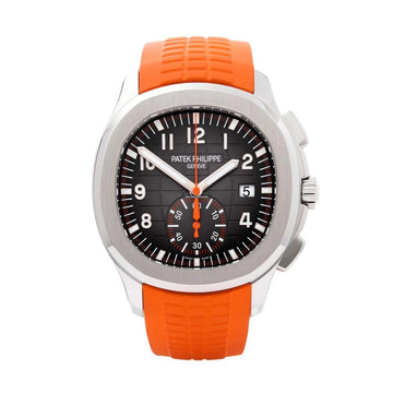 Aquanaut Chronograph Ref. 5968A-001 with a black embossed dial and an orange rubber strap.