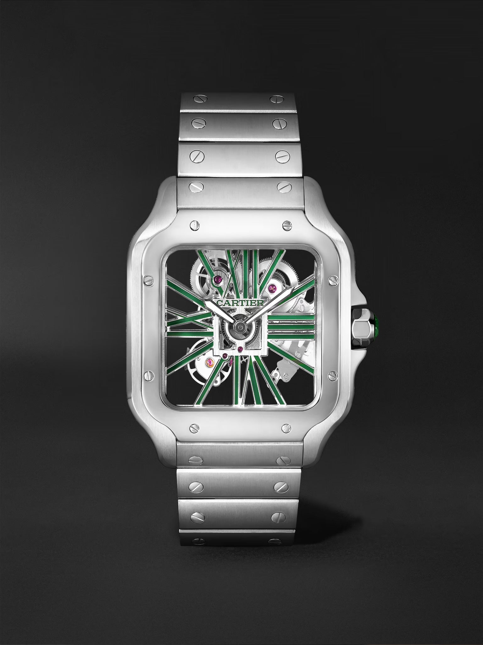 Cartier Santos de Cartier Skeleton watch, specifically the large model with green lacquer WHSA0028