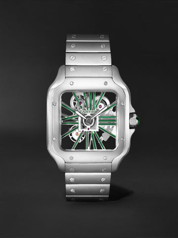 Cartier Santos de Cartier Skeleton watch, specifically the large model with green lacquer WHSA0028