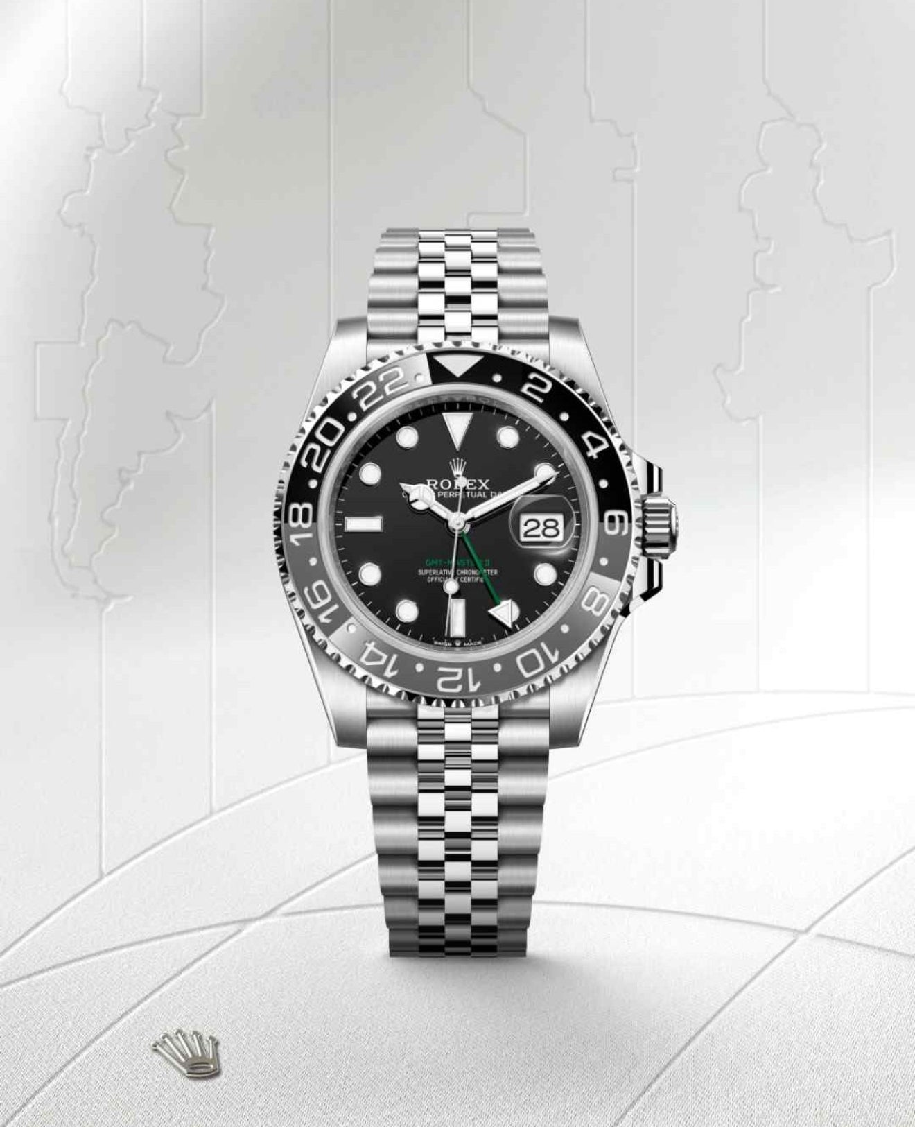 GMT-Master II, also known as the "Bruce Wayne," with a black and grey bezel and a black dial.