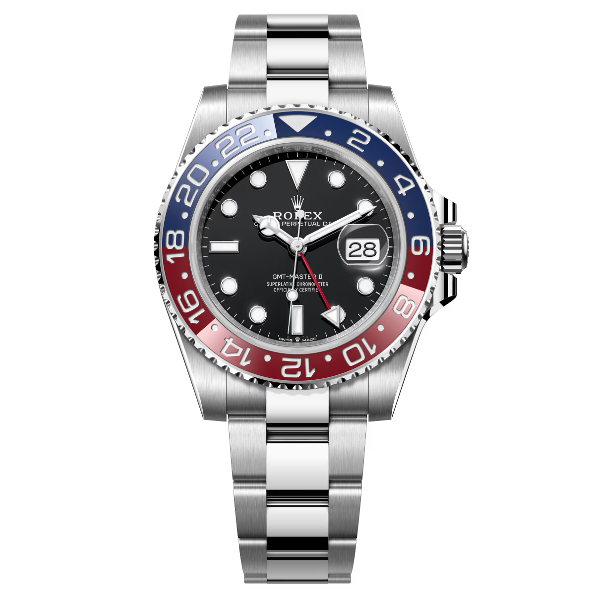 GMT-Master II watch in Oystersteel with a red and blue Cerachrom "Pepsi" bezel insert and an Oyster bracelet, reference 126710BLRO.