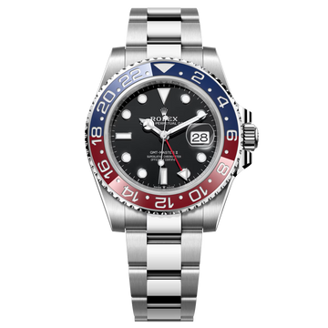 GMT-Master II watch in Oystersteel with a red and blue Cerachrom "Pepsi" bezel insert and an Oyster bracelet, reference 126710BLRO.